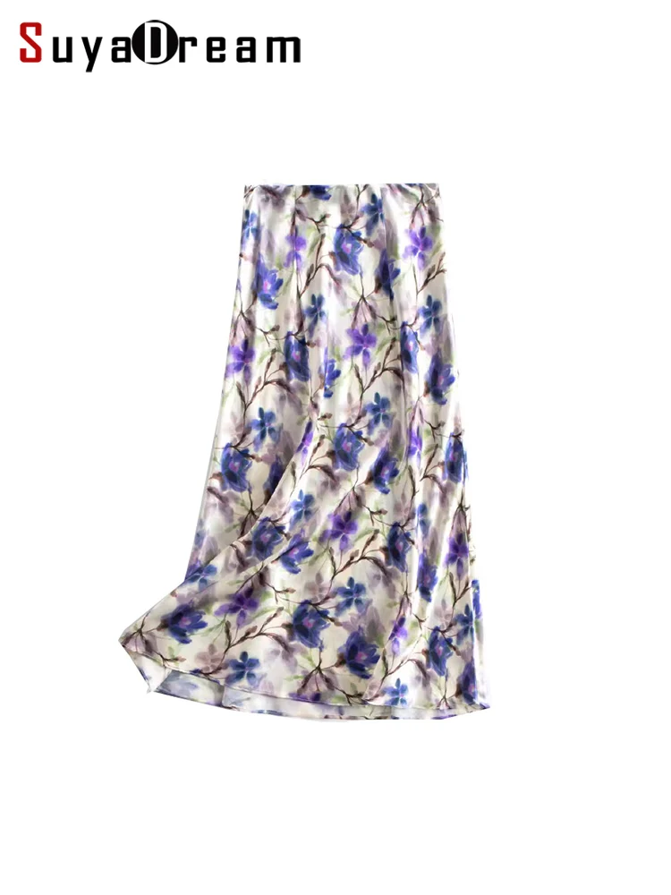 

SuyaDream Women Long Floral Skirt, 93%Silk 7%Spandex, Elastic Waist, Purple Printed A-Line Skirts, 2024 Spring Summer Bottoms