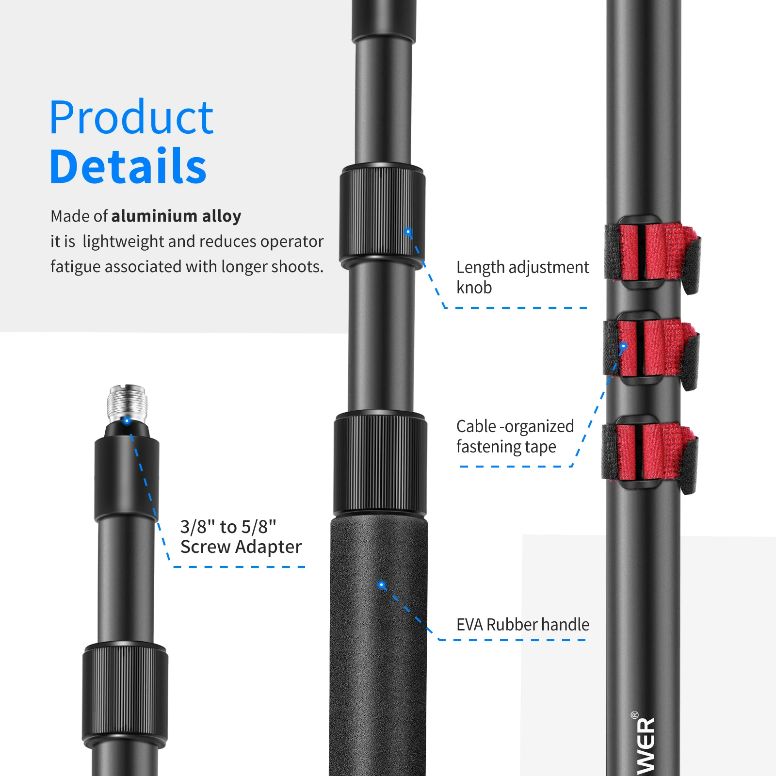 NW-7000 Microphone Boom Arm, 3 Section Extendable Handheld Mic Arm with 3/8" & 3