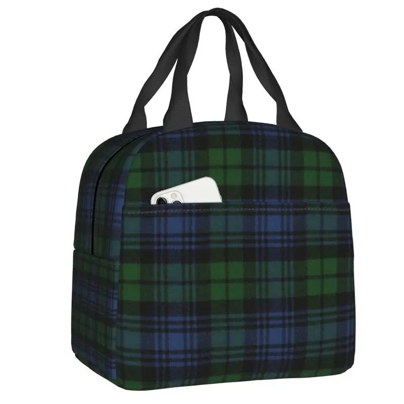 

Custom Black Watch Ancient Original Scottish Tartan Lunch Bag Men Women Warm Cooler Insulated Lunch Box for Children School