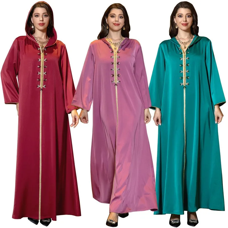 

Middle East Cross-Border Muslim Robe Satin Beaded Dress Dubai Light Luxury Ethnic Evening