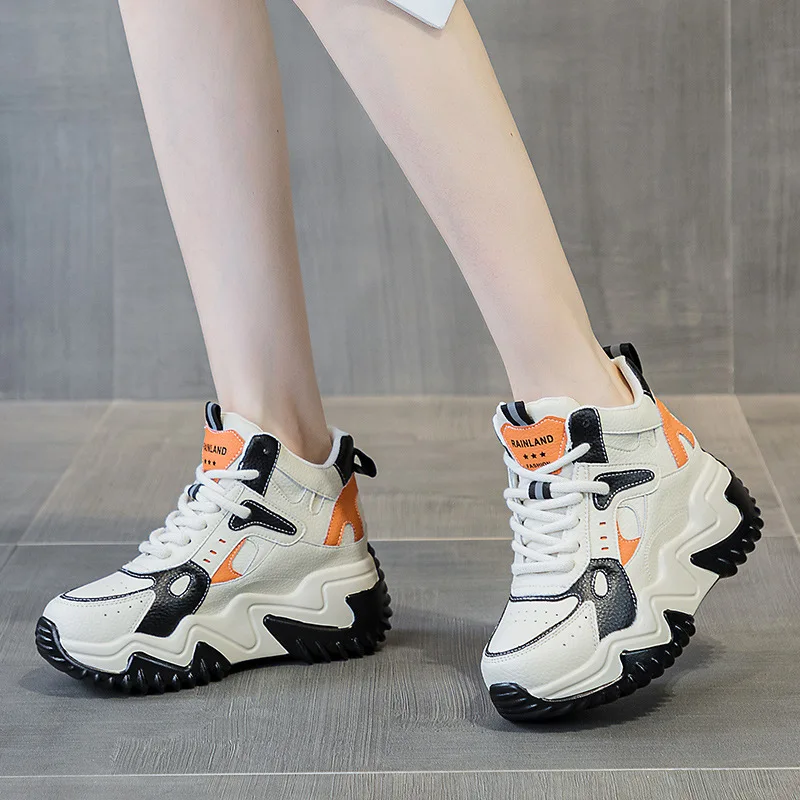 2023-98PInternal height increase 7CM genuine leather shoes for women 2024 spring versatile thick soled girls student sports shoe