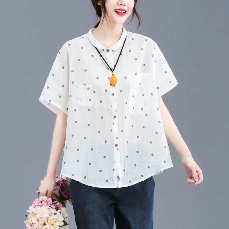 Elegant Fashion Harajuku Slim Fit Female Clothes Loose Casual All Match Tops Women Lapel Collar Button Cotton Short Sleeve Blusa