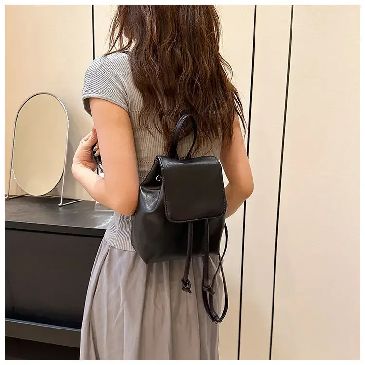 Neuer künstlerischer brauner Mini-Rucksack mit Kordelzug, vielseitige Retro-Einzelschultertasche für Damen – Detail 17