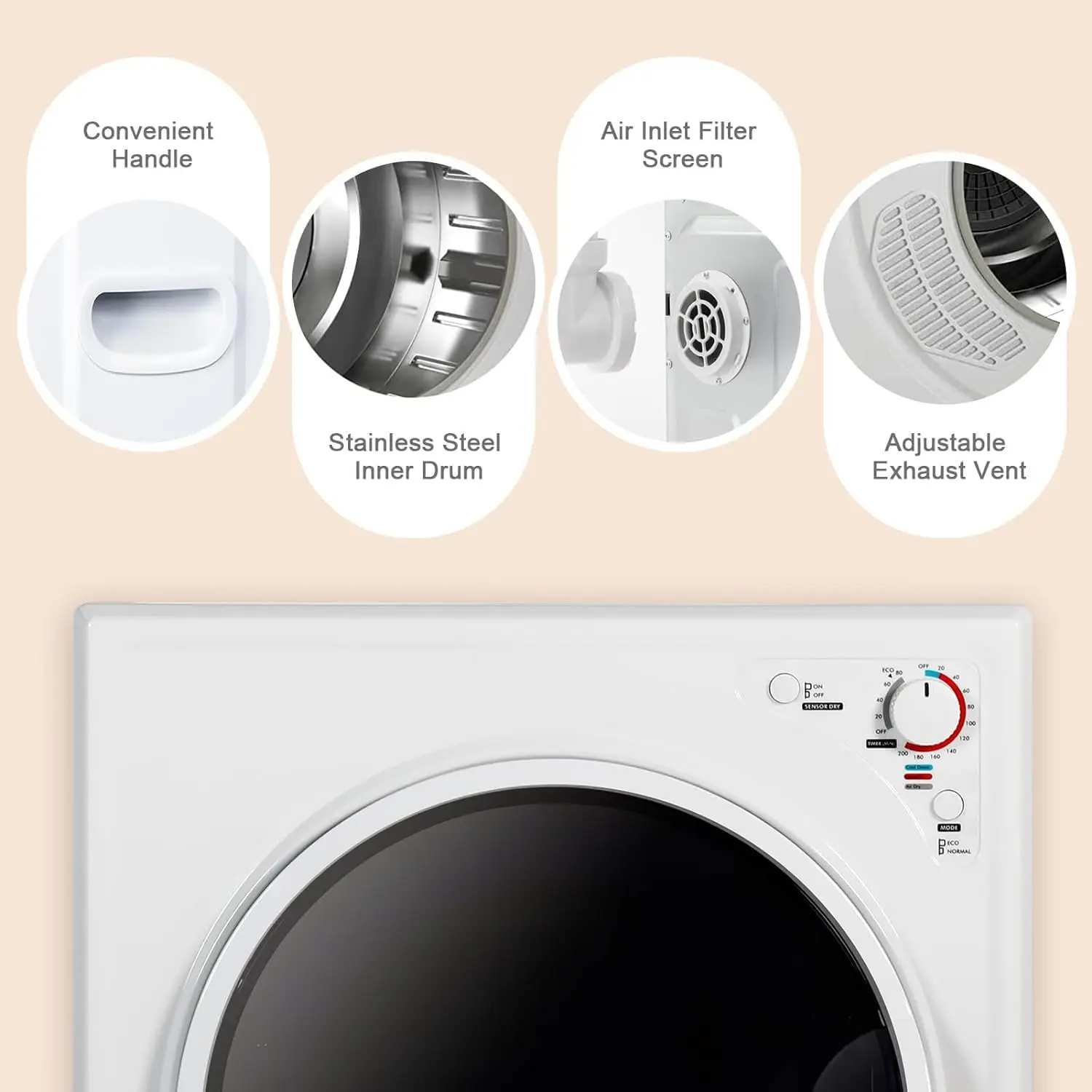 Laundry Dryer, 2.6 cu ft Front Load Stainless Steel Clothes Dryers with Exhaust Pipe, 1400W, Control Panel Four-Function Portabl 6