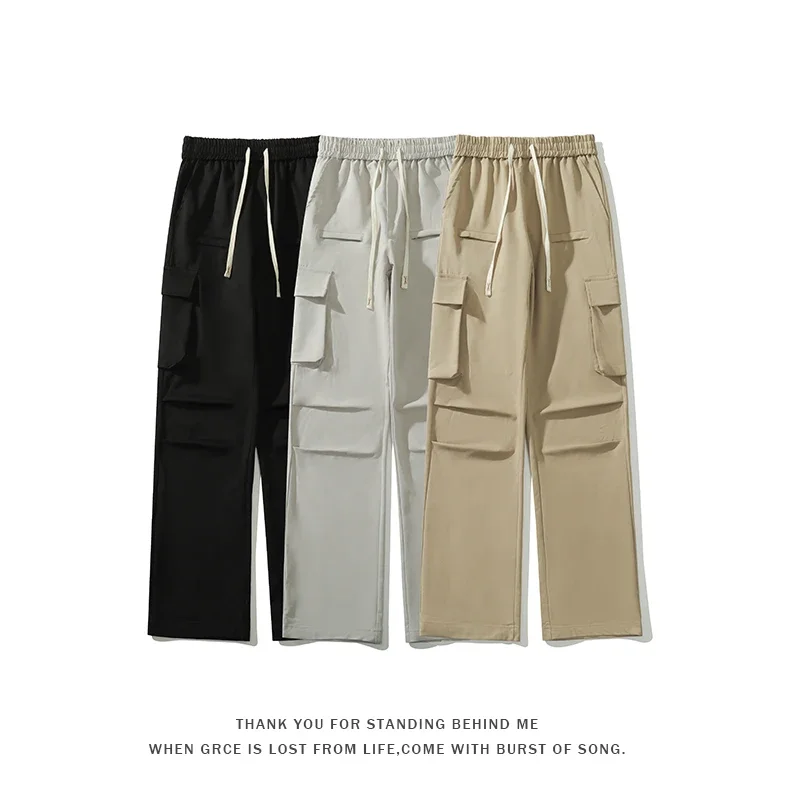 Men's Cargo Pants Fashion High Street Large Pockets Design Solid Colour Large Size Wide Leg Trousers