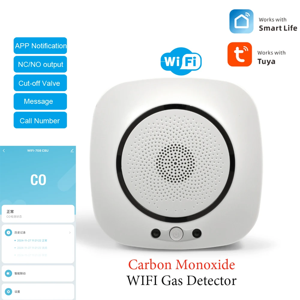 1Pcs Wireless WiFi Carbon Monoxide Detector Tuya Smart Life App Notification For Kitchen Prevent Poisoning NC Relay Output carbon monoxide alarm carbon monoxide detector
