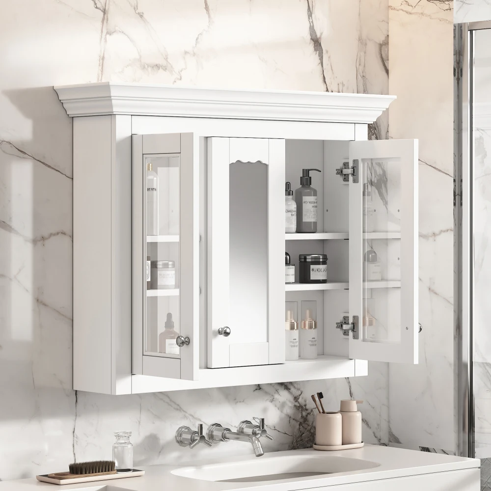 Wood Medicine Cabinet with Mirror Glass Door and Adjustable Shelves