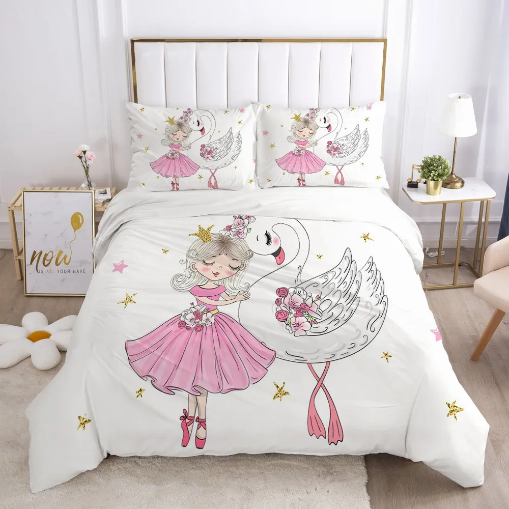 

Fashion Princess Swan Printed Down Quilt Cover Cartoon Children's Bedding Set Soft And Comfortable Down Quilt Cover Pillowcase