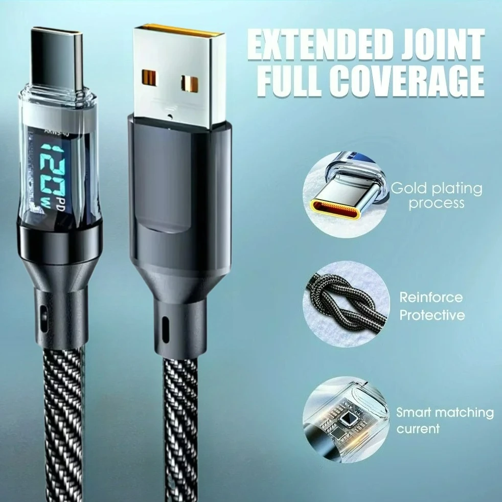 Energy Efficient Charger Cable 60 120W with LED Indicator Super Fast Charge USB Type C for iPhone 15 Huawei P Series OPPO Vivo