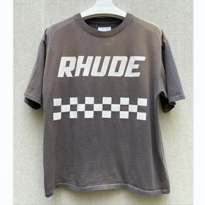 

Summer New RHUDE Vintage Washed Tagline Logo Short Sleeve T-Shirt Best Quality Mens Womens Loose Casual RHUDE T-Shirt Tops