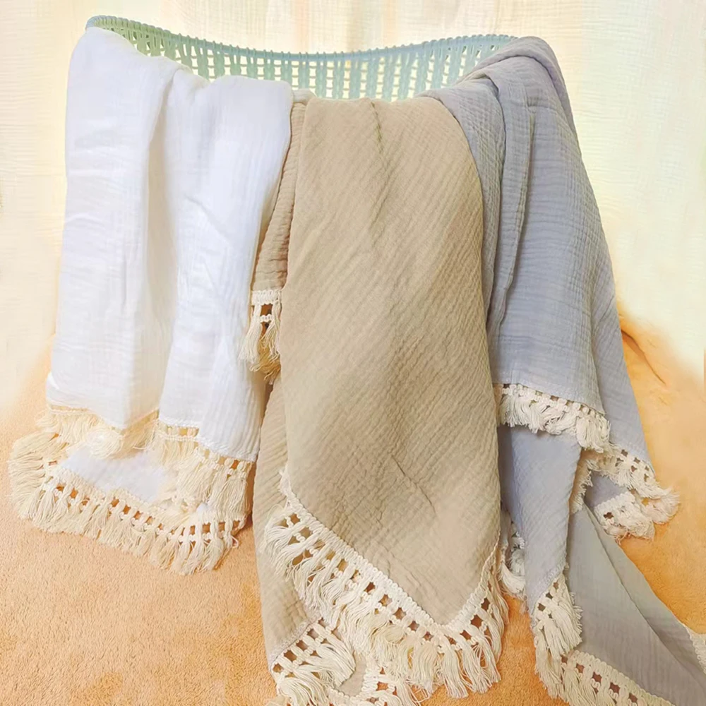 Cotton Muslin Swaddle Blankets for Newborn Baby Tassel Receiving Blanket New Born Swaddle Wrap Infant Sleeping Quilt Bed Cover