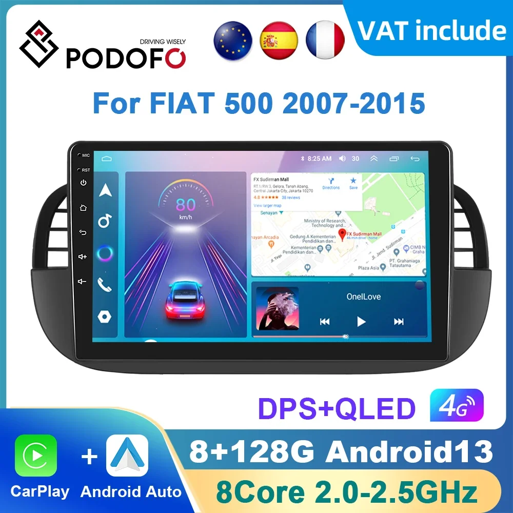 Podofo Ai Voice Android Carplay Autoradio Per Fiat 500 2007-2015 2Din Android Auto 4G Navigazione Multimediale Gps Autoradio Dsp