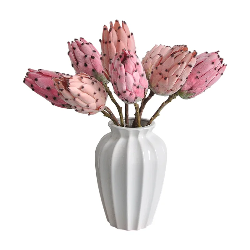 4 Stück Beflockte Königliche Protea Simulationsblumen Hotel-Dekoration Künstlicher Blattloser Königliche Protea Zweig Weinrote Kunstblume
