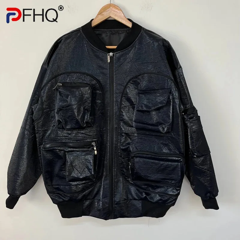 

PFHQ Men's Glossy Faux Leather Jackets Haute Quality Multi Pocket Zippers Functional Personalized Cardigan Coat Autumn 21Z3473