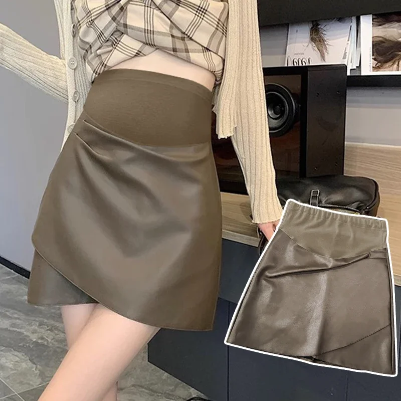 Spring Autumn Pretty Maternity Belly Skirts Irregular Pregnant Woman Pu Leather Skirts Sexy Pregnancy Mini Black Brown