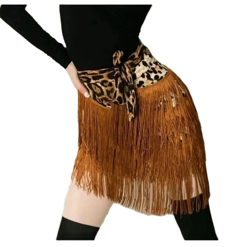 Latin Dance Skirt Leopard Print for Women Glitter Twinkle Fringe Wrap Skirt for Satge Performance Ballroom Costume Rave Party dance skirt