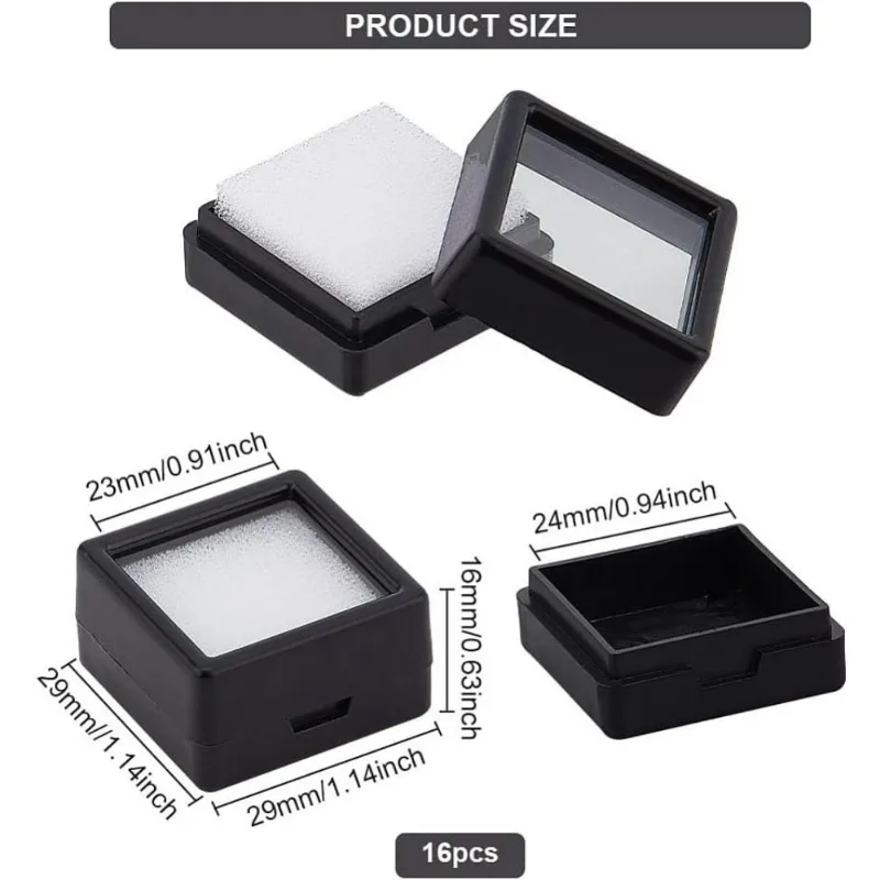 Black Gemstone Display Box 1.14x1.14x0.63inch Loose Jewelry Show Container with Clear Glass Top Lids for Gems 16 Pack