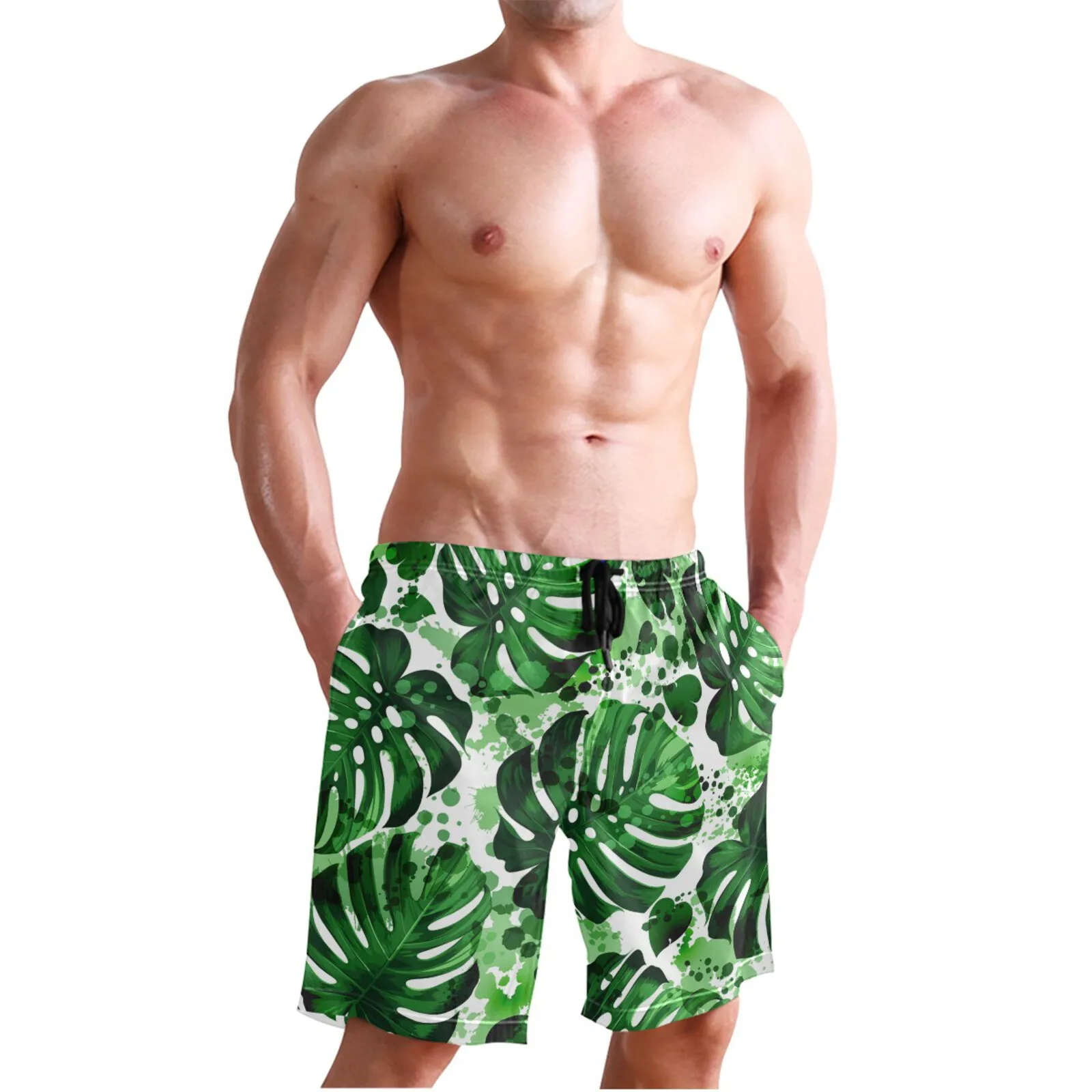 2022 Men's Summer Beach Shorts Tropical Palm Leaves Print With Pockets Casual BoardShorts Vacation Holiday Beachwear Masculina