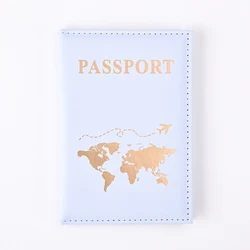 World Pattern Travel Passport Holder - Stylish PU Leather Protective Cover & Unisex Card Case Wallet (Light Blue)