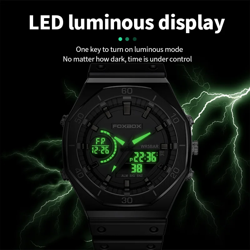 2023 FOXBOX Mens Watches Waterproof Double Display Wristwatch LED Alarm Clock Watch for Men Sports Watch Men Relogio Masculino