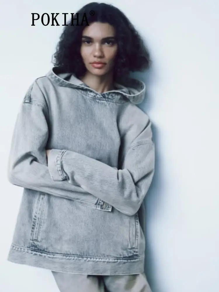 

Pokiha Fashion Women New Casual Oversize Hooded Denim Sweatshirt Vintage Long Sleeve Streetwear Loose Female Pullovers Chic Tops