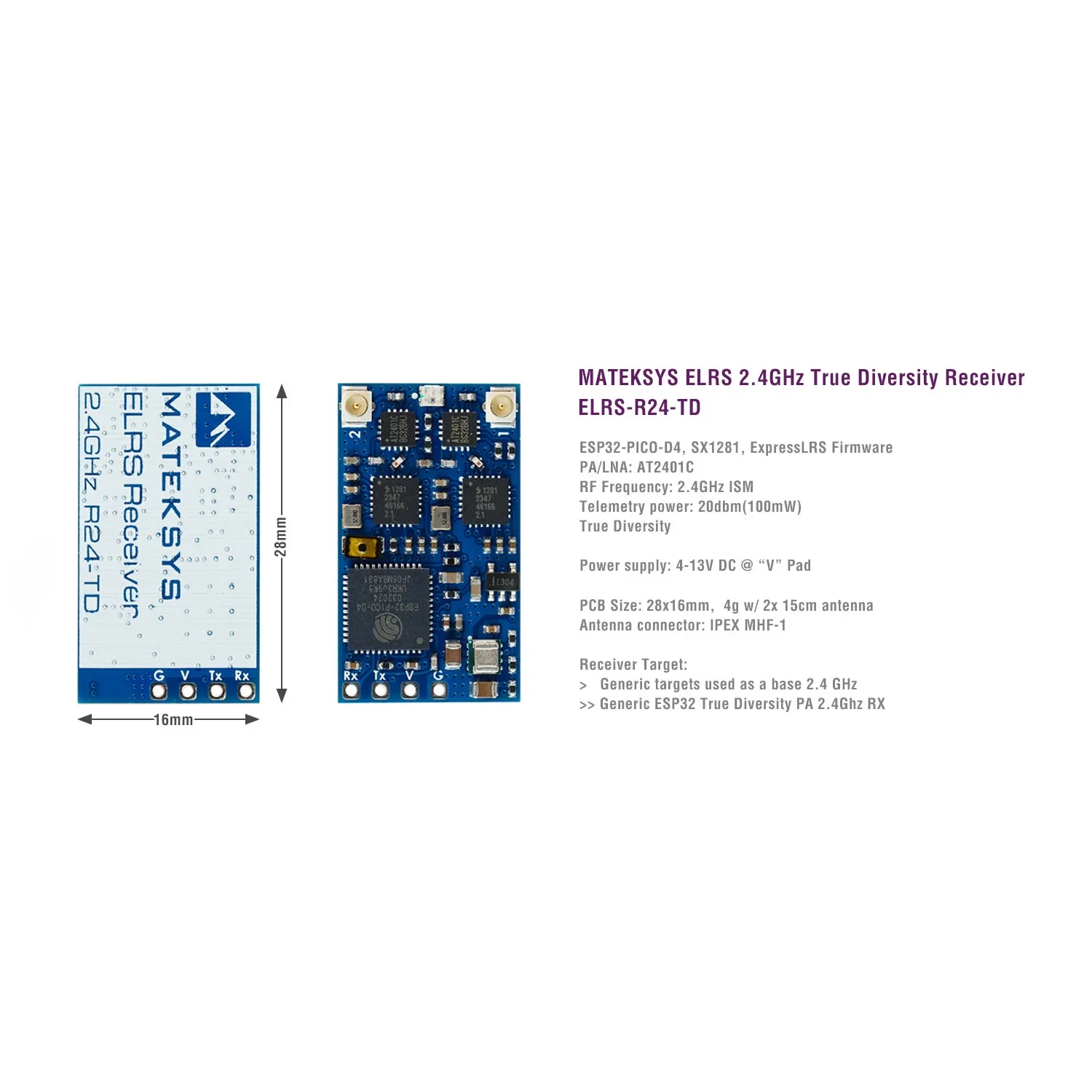 Récepteur ELRS 2.4GHz True Diversity 100mW pour FPV