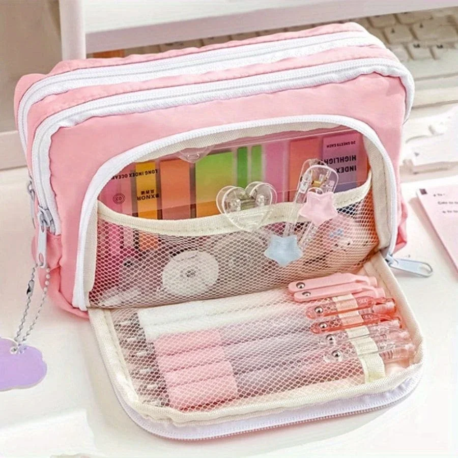Kawaii 연필 케이스 3 레이어 귀여운 펜 가방 대용량 한국어 주최자 주머니 학생 다시 학교 용품 편지지