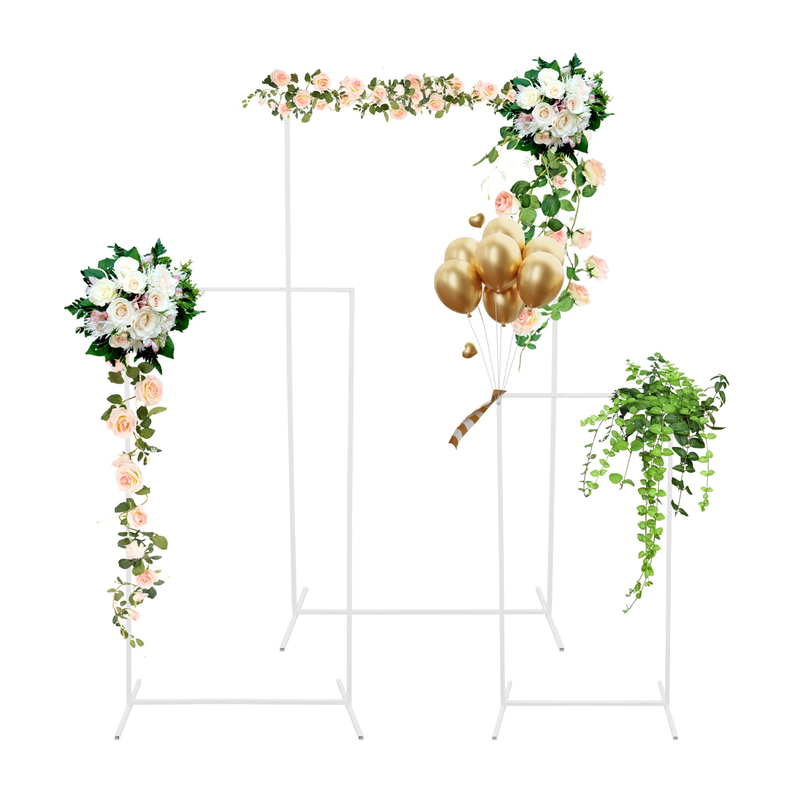 3PCS Wedding Arch Metal Backdrop Rectangular Wedding Stand Balloon Frame Archway White/Gold