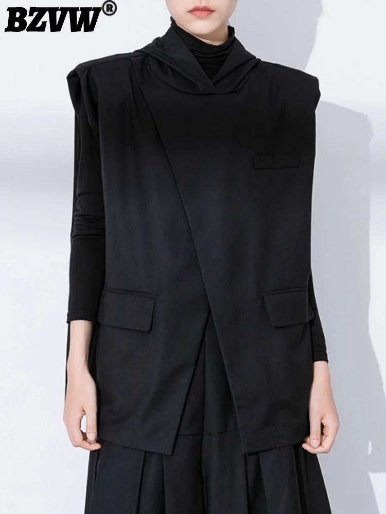 

BZVW Designer Temperament Hooled Top Women's Loose Versatile Casual Vest Split Designe Female Clothes 2023 New Trend 25X0526