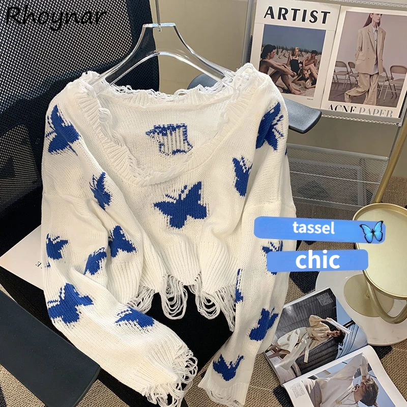 

Pullovers Women Butterfly-knitted Sweet Tender Girlish Cropped Vintage Sweater Fashion Ulzzang Basics Attractive Mujer Clothes