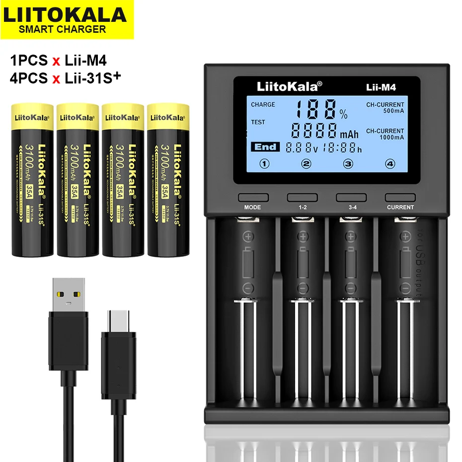 

4pcs Liitokala Lii-31S 18650 Battery 3.7V Li-ion 3100mA 35A Power Battery for High Drainage Devices. + Lii-M4 charger