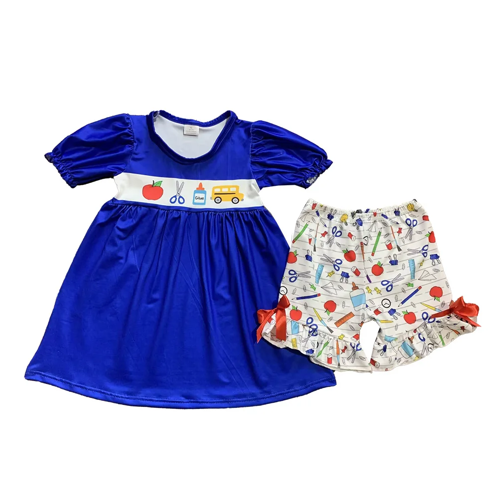 

Wholesale kids back to school clothing apple outfits short sleeves tunic top shorts girls sets