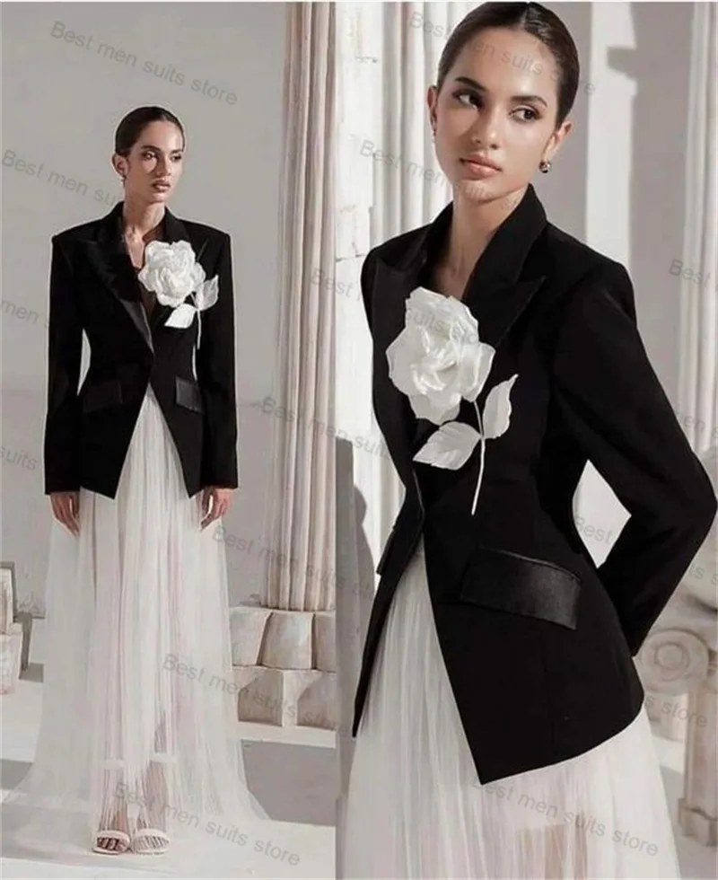 

Formal Black Women Suit Skirt Set Blazer+White Prom Dress 2 Piece Wedding Tuxedo 3D Flower Jacket Tailored Office Lady Coat