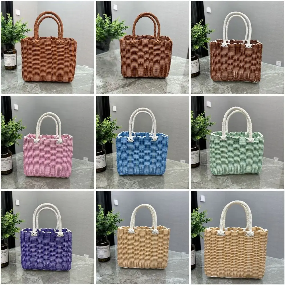 New Imitation Rattan Storage Basket Plastic Square Hanging Baskets with Handle Hand-woven Woven Handbag Flower