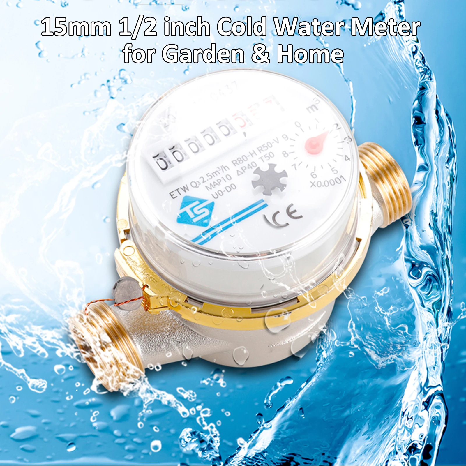 15mm 1/2 inch Cold Water Meter Cubic Flow Meter 360 Adjustable Rotary Counter Water Measuring 0.0001 Garden