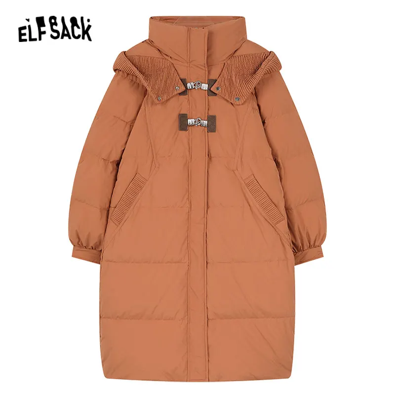 ELFSACK Vintage Orange Warm Down Coats Women 2023 Winter Loose Mid-length Casual Coats