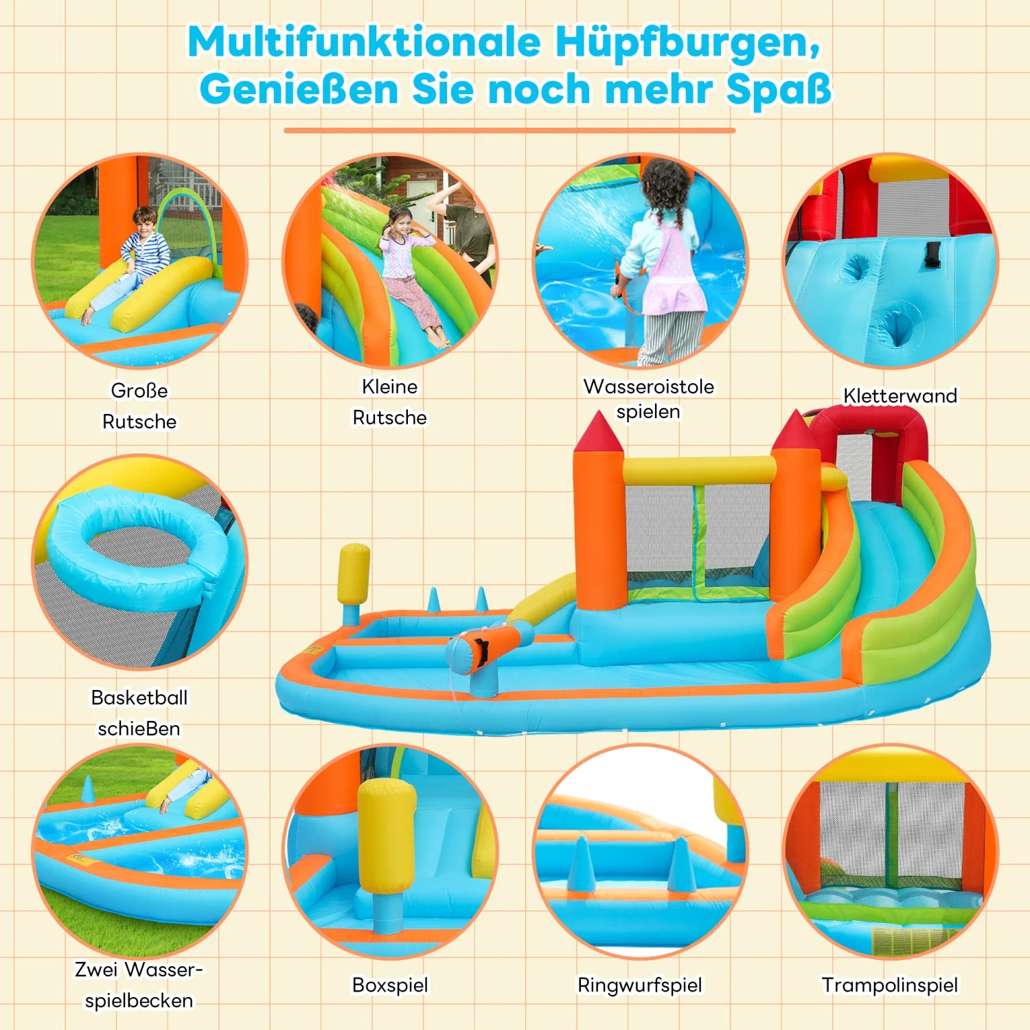 6-in-1-Multifunktions-Hüpfburg für Kinder im Freien mit Gebläse, Wasserrutsche, Trampolin, Basketballkorb, Wasserpistole, 2 Poolbereiche – Detail 18