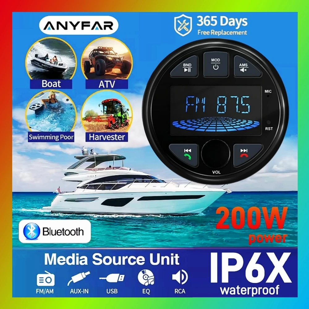 Boat Radio MP3 Media Player Stereo Marine Radio Cover Bluetooth AUX USB Waterproof for ATV UTV SPA RZR FM AM