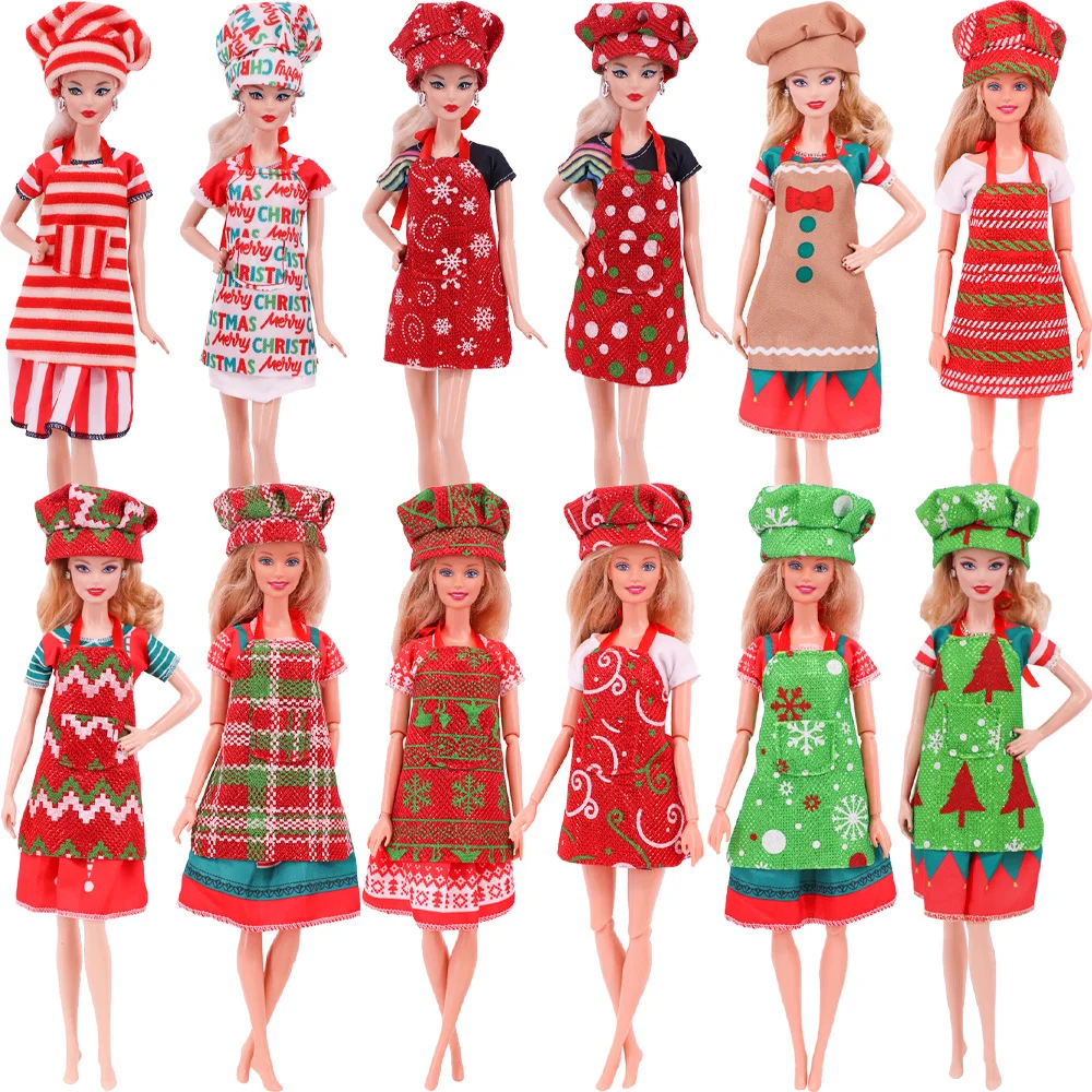 thumbnail image 5 of Delantal con estampado de muñeca de moda, gorro de chef, patrón navideño, estilo Barbis de 11,5 pulgadas y accesorios de ropa para muñecas elfas de 30 cm, regalo de juguete para niñas, 5 of 5