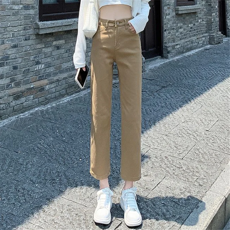Autumn New Khaki Slim Straight Jeans For Women All-Match Office Lady Vintage Casual Pencil Denim Pants