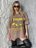 Summer Fresh Lemons Prints Washed T-Shirts Womens Cotton Oversized O-Neck Tops Street Vintage Short Sleeve Casual Woman Clothes - Image 3