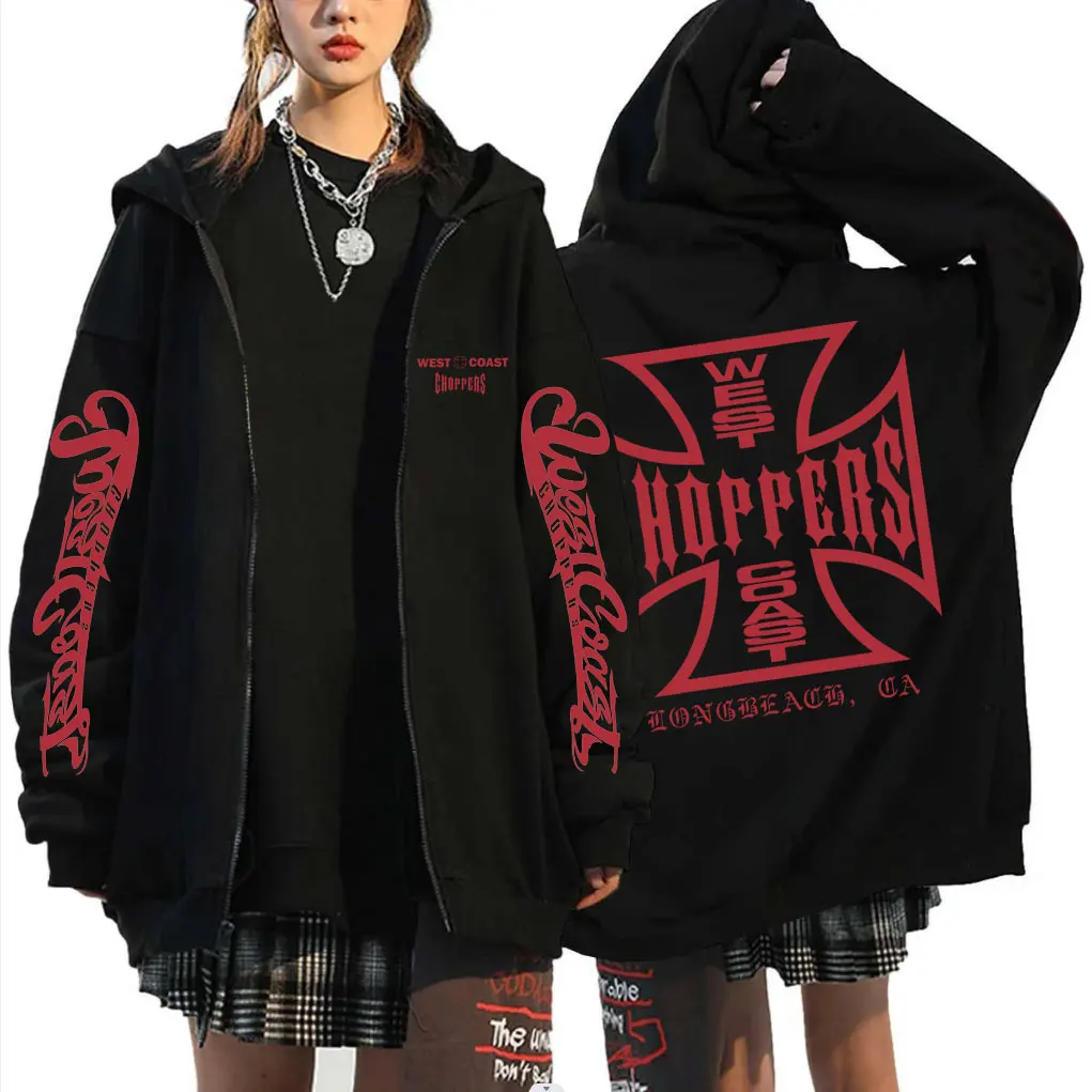 

West Coast Choppers Cross Graphic Zipper Hoodie Men's Hip Hop Vintage Zip Up Sweatshirt Men Women Casual Oversized Zip Up Jacket