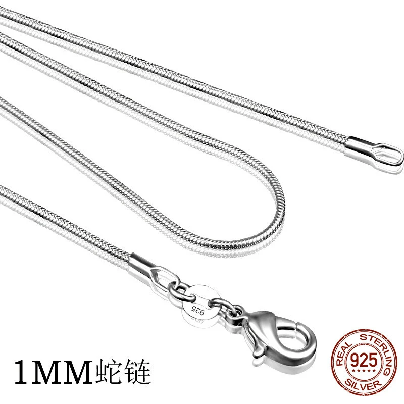 925 sterling silver necklace women, silver fashion jewelry Snake Chain 1mm Necklace 16 18 20 22 24 925 sterling silver chain necklace for women polygon austrian crystal silver pendant necklace female fine jewelry 2021 new