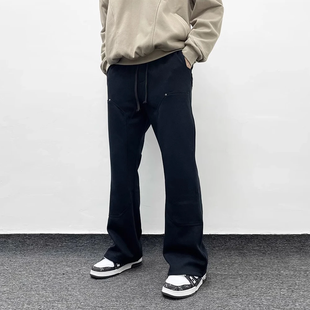 Men Casual Pants American Streetwear Gray Flared Sweatpant Men Double Knee Patch Micro Flare Overalls Harajuku Casual Patchwork Sweat Pants Black