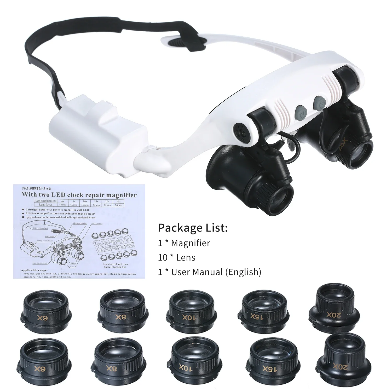 

Glasses Magnifier With 2 LED Lights 6 Replaceable Lenses 6X 8X 10X 15X 20X 25X Magnifying Glass Illuminated Magnifier Loupe