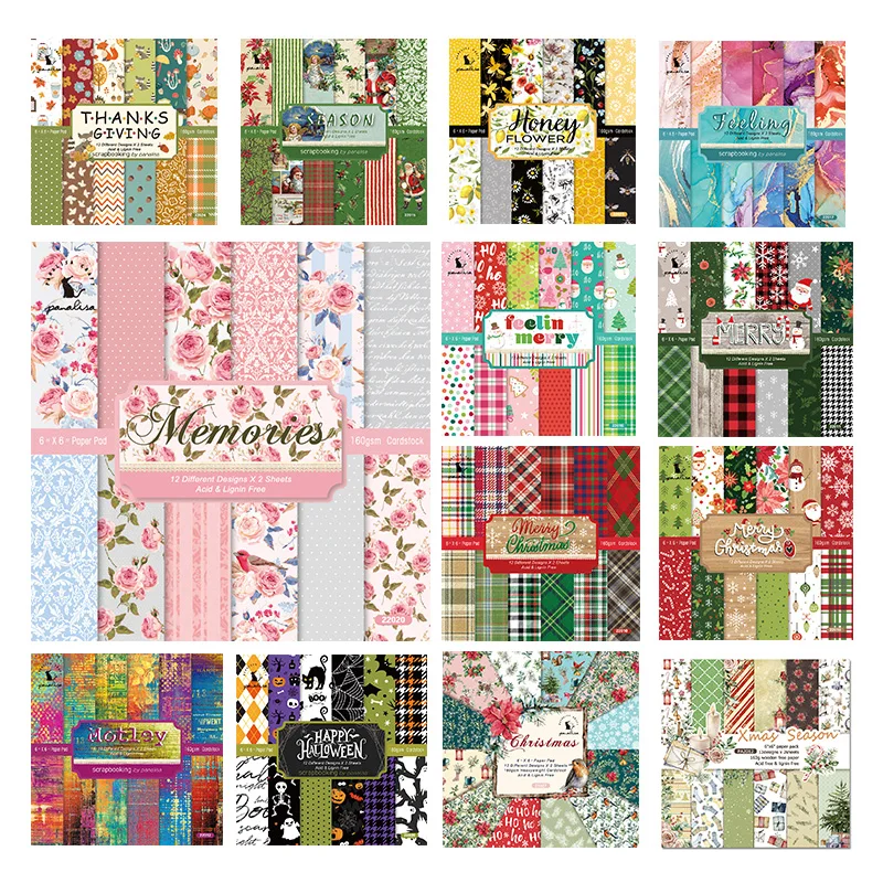 Carta Per Scrapbooking 15x15 Cm - 24 Fogli (12 Disegni) 160g/m², Stampa Su Un Lato, Ideale Per Album, Collage, Biglietti, Decorazioni Fai Da Te E Bullet Journal