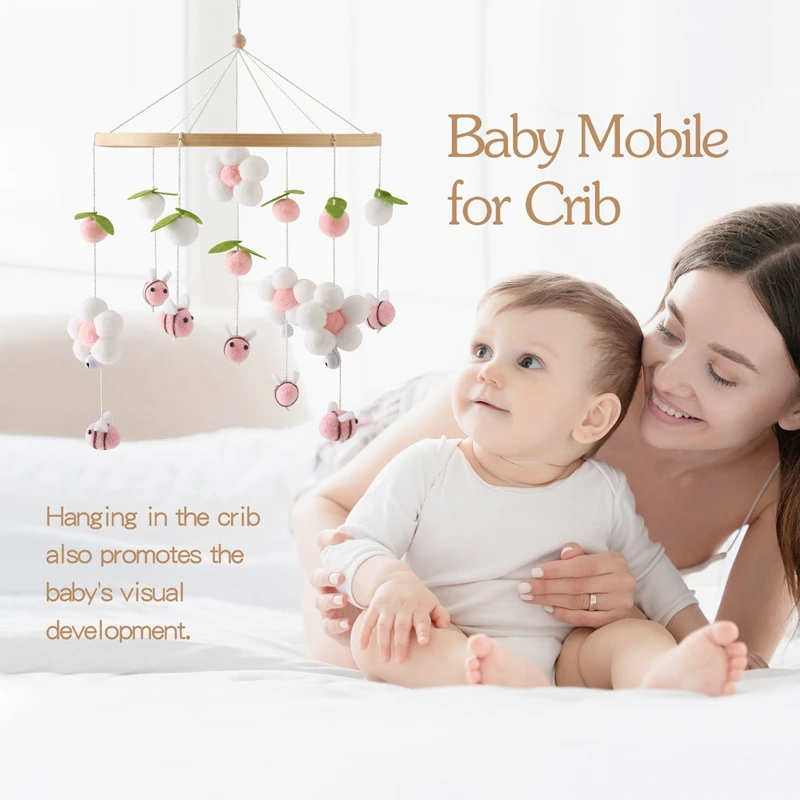 Crib Mobile Holder Rattles Toys Wooden Honeybee Felt Ball Bed Bell Toys Newborn Comfort Crib Bracket Bed Bell Baby Gifts