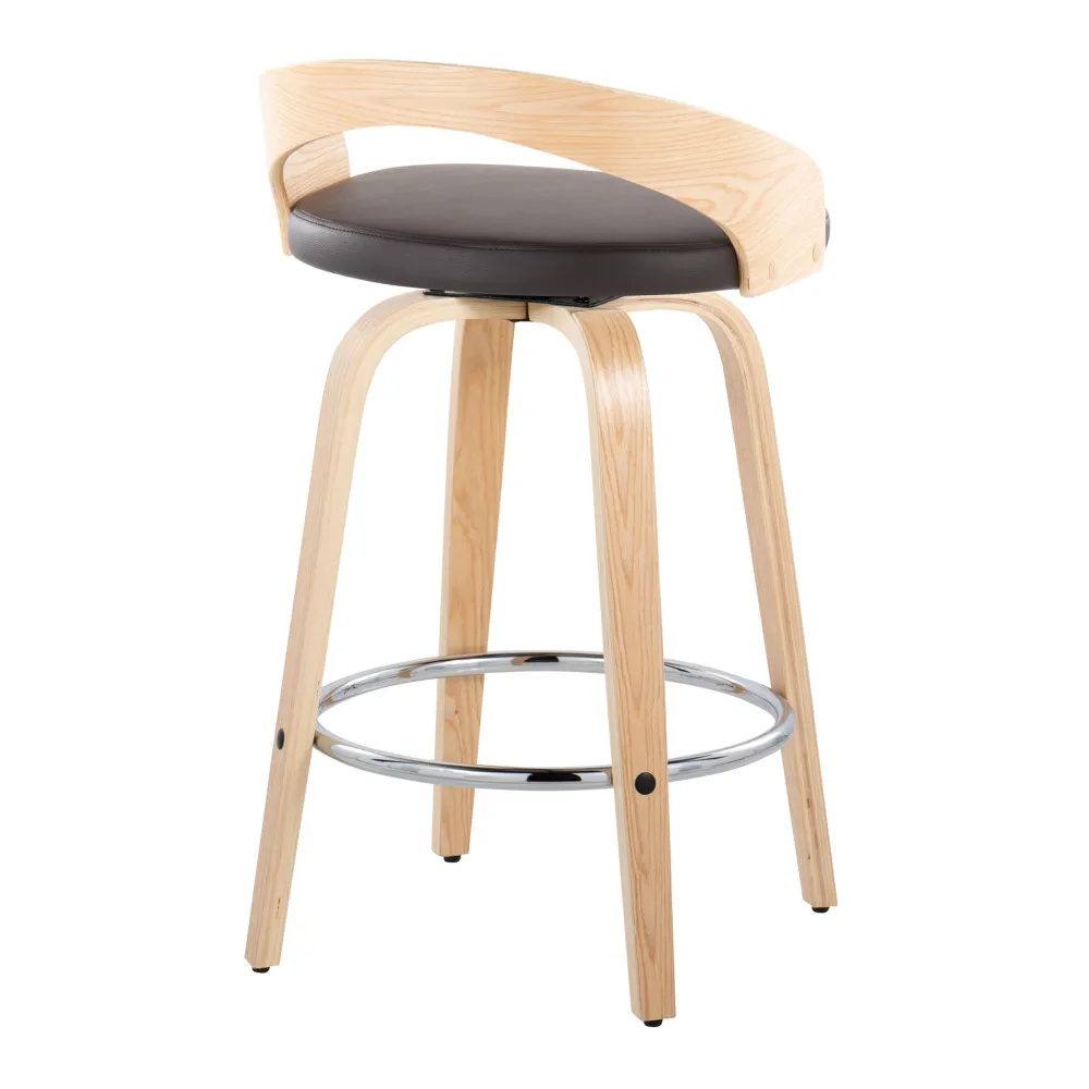 Grotto 26" Contemporary Fixed-Height Counter Stool with Swivel in Natural Wood and Brown Faux Leather with Round Chrome Metal Fo 4