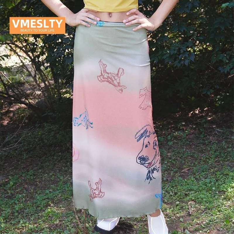 

VMESLTY щенок граффити уличная Пряная девушка реальный выстрел градиент половинная юбка женская розовая юбка Falda эстетика