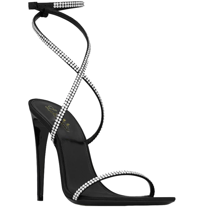 

Summer new style slim belt sexy pointed rhinestone open-toe sandals slim high heel banquet dress versatile black women's sandals